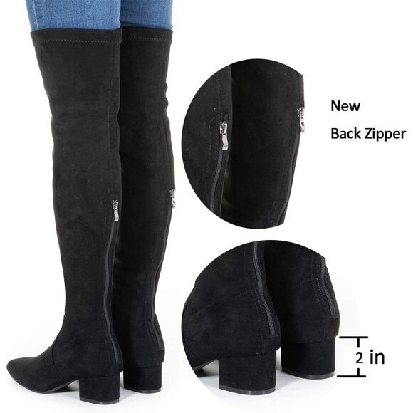 Women Black 2 Inch Over the Knee Thigh High Suede Block Long Pointed toe Boots - Picture 2 of 6